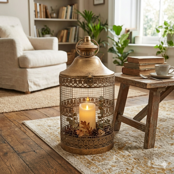 Stemningsbillede fra en hyggelig stue, hvor et rustikt, rundt lanternebur i antique guld med t�ndt LED-bloklys og efter�rspynt st�r p� et m�nstret gulvt�ppe ved siden af et rustikt tr�bord.