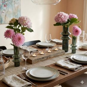 athena-gronne-vaser-miljoe Stemningsfuldt milj�billede af de to flaskegr�nne glasvaser placeret p� et bord, hvor lyset fremh�ver glassets dybe farve.