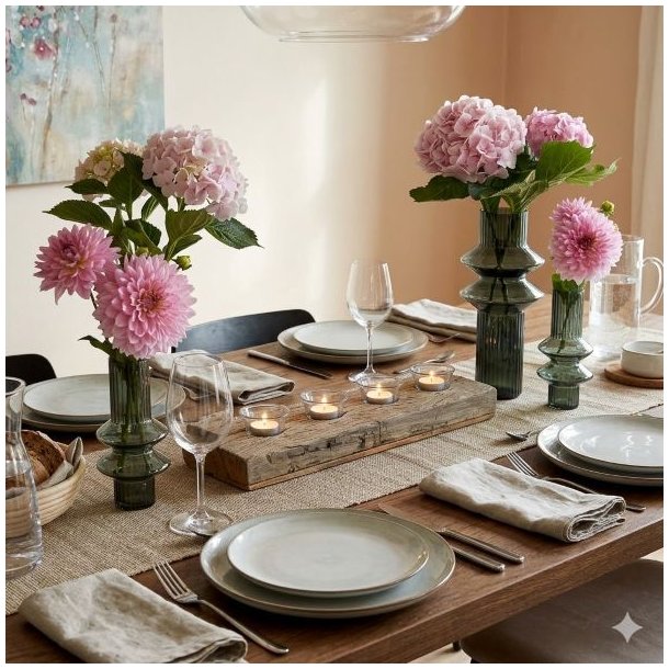 athena-gronne-vaser-miljoe Stemningsfuldt milj�billede af de to flaskegr�nne glasvaser placeret p� et bord, hvor lyset fremh�ver glassets dybe farve.