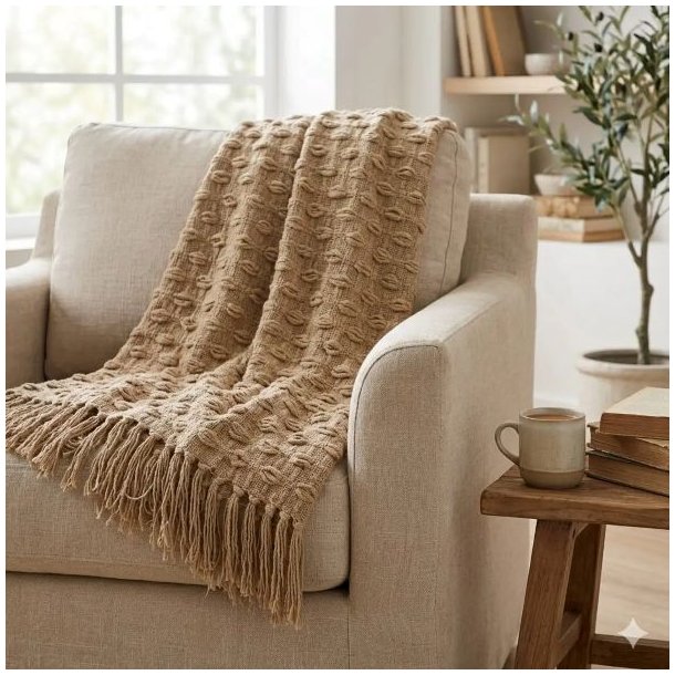 Et n�rbillede af den beige m�nstrede plaid med frynser, draperet over en stilfuld stol i et hyggeligt indend�rs milj�.