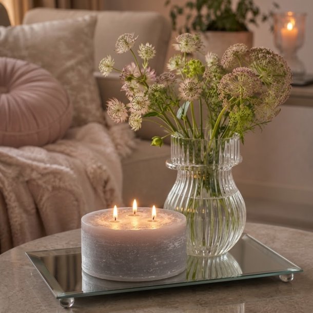 Et firkantet milj�billede, der viser det store fransk gr� bloklys med 3 t�ndte v�ger placeret p� en glasplade. Ved siden af lyset st�r en mindre vase med blomster, og i baggrunden anes en sofa med lyser�de hynder i et hyggeligt stuemilj�.