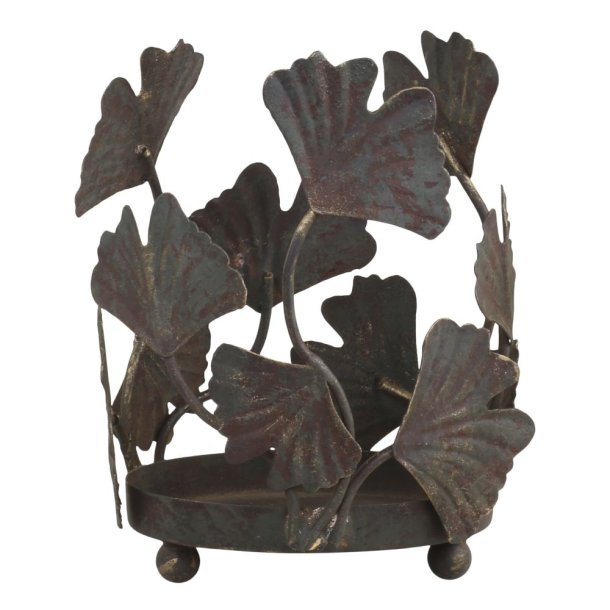Fritlagt produktbillede af den mellemste bloklysestage m/ bladdekoration i antique messing fra Chic Antique p� ren hvid baggrund uden lys.