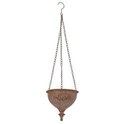 Fritlagt billede af en blomsterpotte til oph�ng i jern med hvid patina mod en hvid baggrund. Hele oph�nget med k�de og krog er synligt.