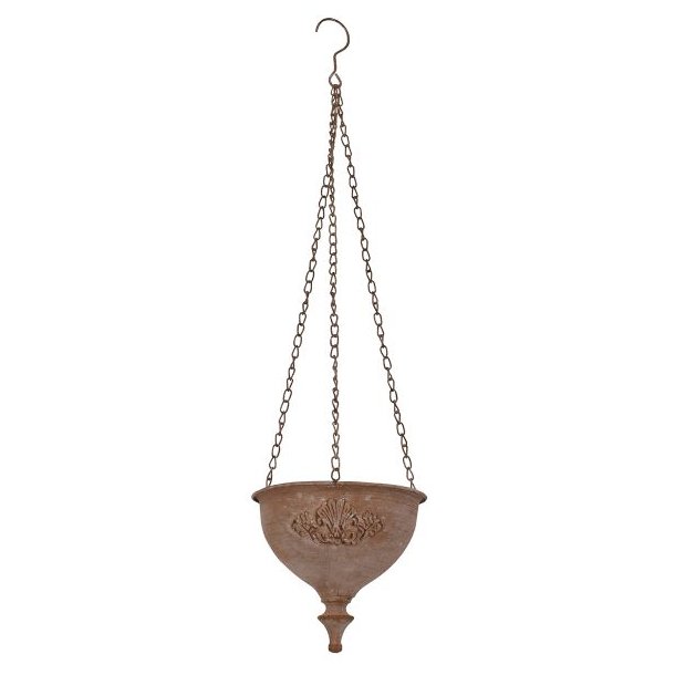 Fritlagt billede af en blomsterpotte til oph�ng i jern med hvid patina mod en hvid baggrund. Hele oph�nget med k�de og krog er synligt.