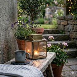 Et t�t, kvadratisk (1:1), stemningsfuldt udend�rs billede taget i skumringen p� en haveb�nk. Den lille Chic Antique lanterne med antique messing finish st�r t�ndt p� en patineret tr�b�nk og kaster et varmt lys. Ved siden af st�r en rustik, bl�gr� kaffekop p� en lille skiferbrik. Bagved er der en hyggelig krog med terracotta-krukker fyldt med lavendel og geranium, en tr�b�nk med et t�ppe, og en sl�ret baggrund af have og lysk�der, der skaber 'hygge