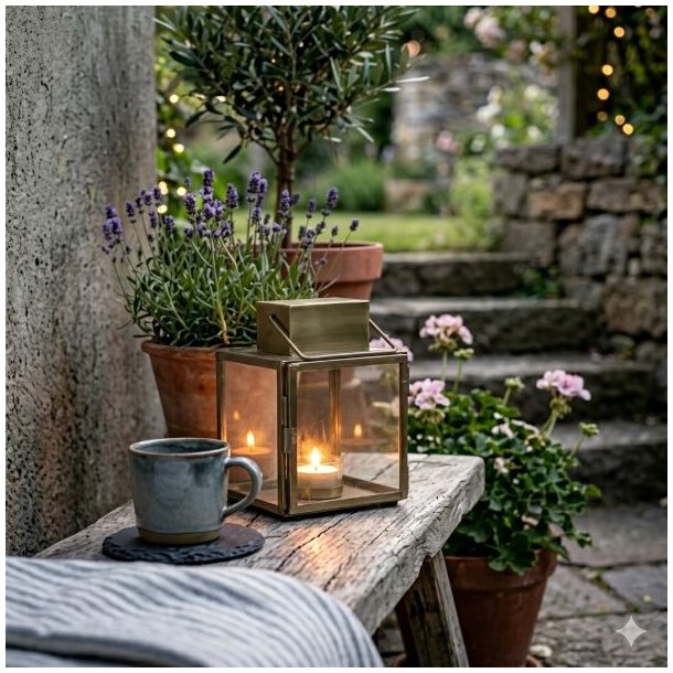 Et t�t, kvadratisk (1:1), stemningsfuldt udend�rs billede taget i skumringen p� en haveb�nk. Den lille Chic Antique lanterne med antique messing finish st�r t�ndt p� en patineret tr�b�nk og kaster et varmt lys. Ved siden af st�r en rustik, bl�gr� kaffekop p� en lille skiferbrik. Bagved er der en hyggelig krog med terracotta-krukker fyldt med lavendel og geranium, en tr�b�nk med et t�ppe, og en sl�ret baggrund af have og lysk�der, der skaber 'hygge