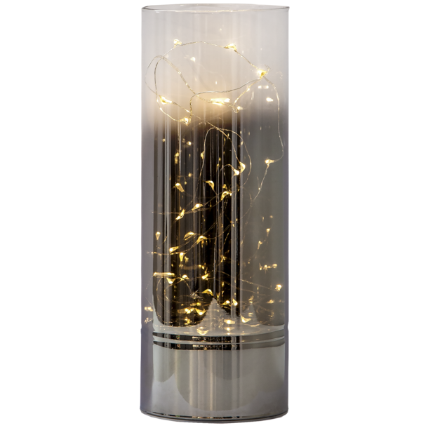 Et produktbillede af en h�j, cylinderformet spejlvase med en indbygget LED-lysk�de, der skaber en funklende infinity-lyseffekt.