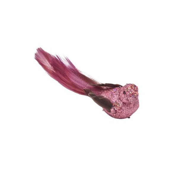 Lilla og fuchsiafarvet dekorationsfugl med glimmer og lange fjer, fritlagt p� hvid baggrund.