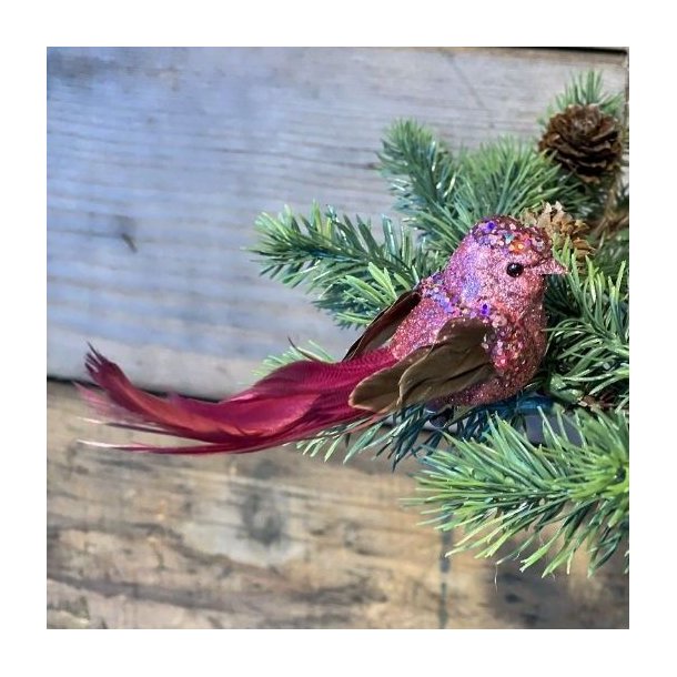 Lilla dekorationsfugl med glimmer fastgjort p� en grangren med en grankogle p� en rustik tr�baggrund.