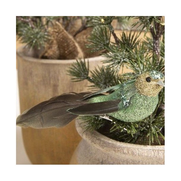 Gr�n og guld dekorationsfugl med klemme sat fast p� en gr�n fyrregren i en r� lerkrukke.
