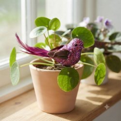 Fuchsiafarvet dekorationsfugl med klemme sat fast p� en gr�n stueplante i en lerkrukke i vindueskarmen.