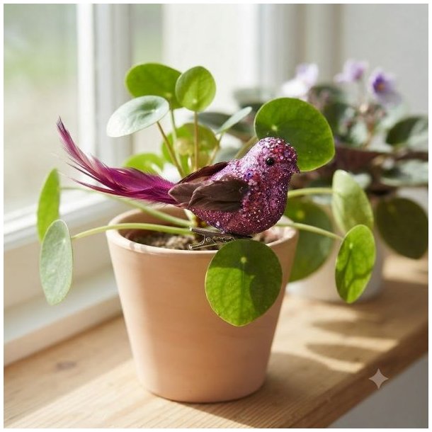 Fuchsiafarvet dekorationsfugl med klemme sat fast p� en gr�n stueplante i en lerkrukke i vindueskarmen.