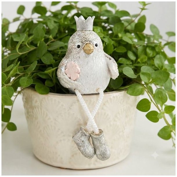Lille beige og gr� dekorationsfugl med krone og h�ngeben, der sidder p� kanten af en hvid urtepotte med en gr�n plante.
