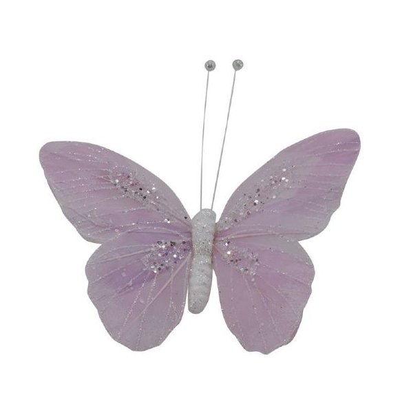 Lyser�d dekorationssommerfugl i polystyren-fjer med glimmer, fritlagt p� hvid baggrund.