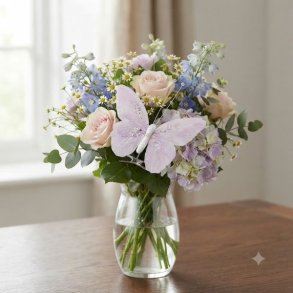 Lyser�d dekorationssommerfugl med glimmer sat fast i en smuk blomsterbuket med rosa roser og hortensia i en vase.
