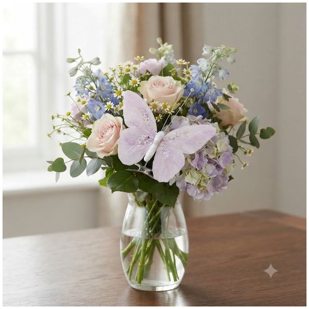 Lyser�d dekorationssommerfugl med glimmer sat fast i en smuk blomsterbuket med rosa roser og hortensia i en vase.