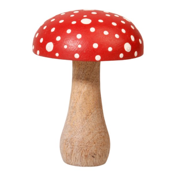 Mellemstor fluesvamp i tr� til dekoration. Svampen har en r�d overflade med hvide prikker og m�ler 12 cm i h�jden.