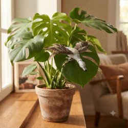 S�lv dekorationsand med clips og brune fjer sat fast p� et stort gr�nt blad p� en Monstera stueplante i en lerkrukke p� vindueskarmen.