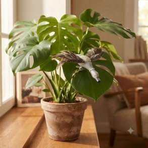 S�lv dekorationsand med clips og brune fjer sat fast p� et stort gr�nt blad p� en Monstera stueplante i en lerkrukke p� vindueskarmen.