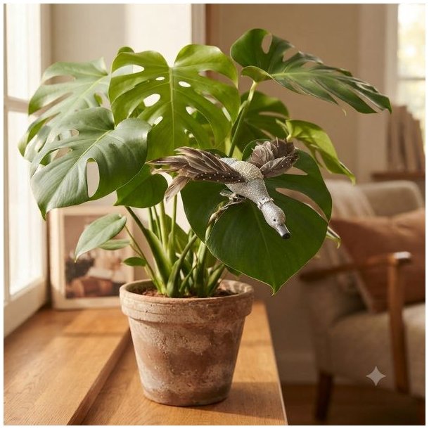 S�lv dekorationsand med clips og brune fjer sat fast p� et stort gr�nt blad p� en Monstera stueplante i en lerkrukke p� vindueskarmen.