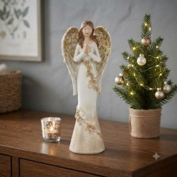 Elegant dekorativ engel i hvid kjole med detaljer af guldblade og glitrende vinger, st�ende p� en tr�kommode ved siden af et lille t�ndt fyrfadslys og et lille pyntet juletr�.