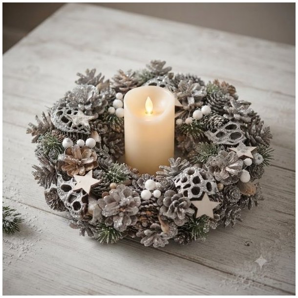 Smuk s�lvfarvet koglekrans brugt som borddekoration p� et lyst tr�bord med et t�ndt bloklys i midten.