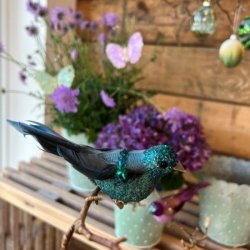 Flot dekorativ fugl i mint og bl�gr�nne nuancer med glimmer placeret p� en gren i en hyggelig indretning med lilla blomster.
