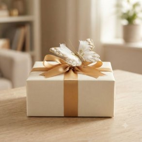 Stor hvid dekorativ sommerfugl med fjer og guldglimmer, brugt som pynt p� en elegant hvid gave med en flot guldsl�jfe.