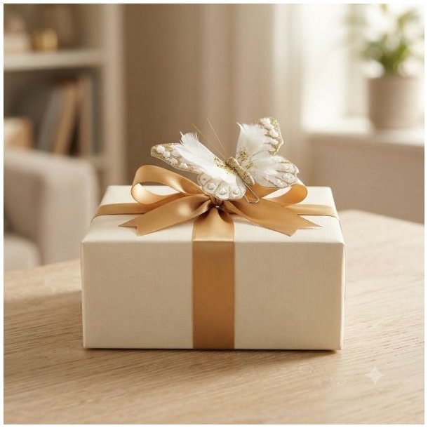 Stor hvid dekorativ sommerfugl med fjer og guldglimmer, brugt som pynt p� en elegant hvid gave med en flot guldsl�jfe.