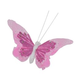Lyser�d dekorativ sommerfugl med vinger af fjer, fine detaljer i s�lvglimmer og hvid glimmerkrop, fritlagt p� hvid baggrund.