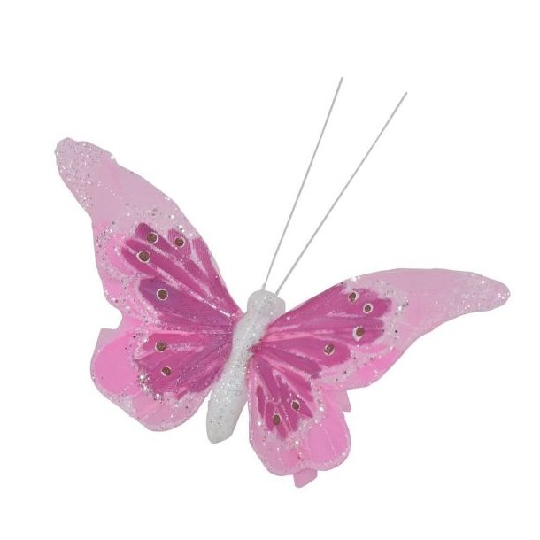 Lyser�d dekorativ sommerfugl med vinger af fjer, fine detaljer i s�lvglimmer og hvid glimmerkrop, fritlagt p� hvid baggrund.