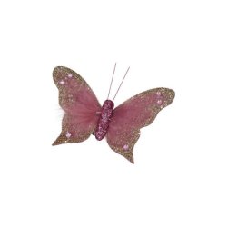 M�rkerosa dekorativ sommerfugl med vinger af fjer, t�t guldfarvet glimmerkant og sm� lyser�de perler, fritlagt p� en hvid baggrund.
