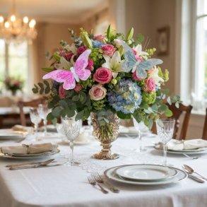 Elegant festbord d�kket med hvid dug, krystalglas og en stor blomsterbuket pyntet med en rosa og en lysebl� dekorativ sommerfugl.