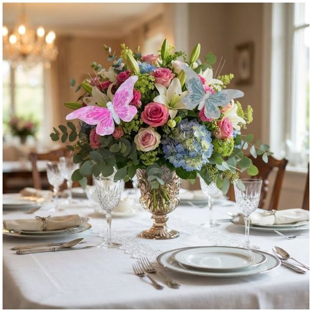 Elegant festbord d�kket med hvid dug, krystalglas og en stor blomsterbuket pyntet med en rosa og en lysebl� dekorativ sommerfugl.