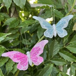En lyser�d og en mintgr�n dekorativ sommerfugl med s�lvglimmer sat fast p� gr�nne blade i en busk.