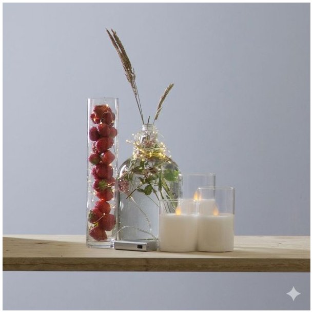 En fin Dew Drop lysk�de med 20 LED-lys p� s�lvtr�d er dekoreret omkring en glasvase med friske jordb�r og en flaske med gr�nne str� p� en tr�hylde Sammen med lysk�den ses tre hvide LED-bloklys i glas hvilket skaber en hyggelig og stemningsfuld belysning
