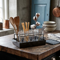 Et t�t, stemningsfuldt billede taget i et rustikt k�kken, hvor s�ttet med seks drikkeglas i deres m�rke jernbakke st�r p� en slidt tr�bordplade. Glassene er fyldt med k�kkenredskaber som tr�skeer og de t�rrede bomuldsst�ngler. I baggrunden ses en sl�ret betonv�g og k�kkenting.