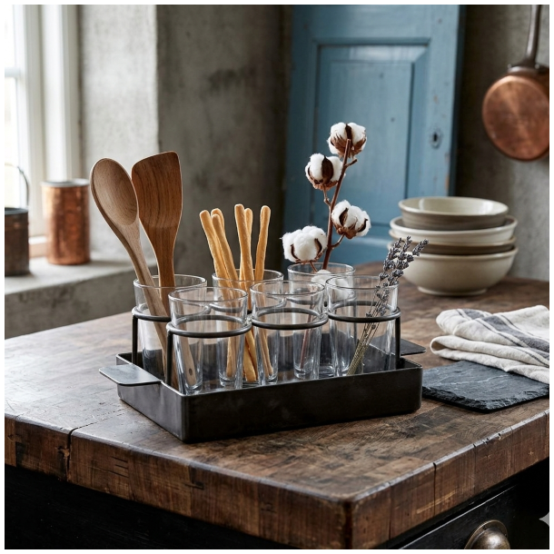 Et t�t, stemningsfuldt billede taget i et rustikt k�kken, hvor s�ttet med seks drikkeglas i deres m�rke jernbakke st�r p� en slidt tr�bordplade. Glassene er fyldt med k�kkenredskaber som tr�skeer og de t�rrede bomuldsst�ngler. I baggrunden ses en sl�ret betonv�g og k�kkenting.