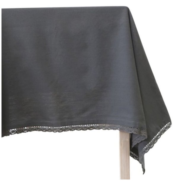 En m�rkegr� bomuldsdug med h�rlook og en fin blondekant, der h�nger elegant fra et bordhj�rne p� en hvid baggrund.