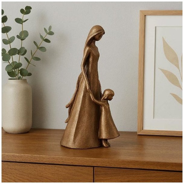 Elegant dekorationsfigur i antik guld af en datter og mor, der krammer, fra La Vida.