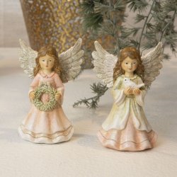 To rustikke La Vida engle i naturfarver, den ene med en jadegr�n krans og den anden med sm� fugle.