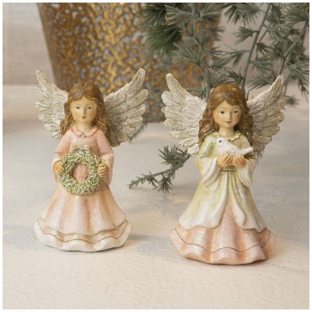 To rustikke La Vida engle i naturfarver, den ene med en jadegr�n krans og den anden med sm� fugle.