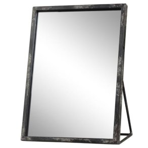 Rektangul�rt spejl i jernramme med sort antique patina og praktisk st�ttefod.