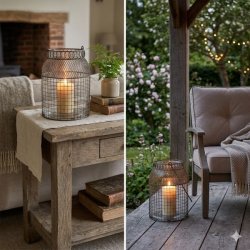 Den rustikke Fil de Fer lanterne i jern med t�ndt bloklys st�r p� et vejrbit oak konsolbord i et hyggeligt indend�rs stue-milj� med antikke b�ger og en lille plante. Den rustikke Fil de Fer lanterne i jern med t�ndt bloklys st�r p� en vejrbit tr�terrasse p� en overd�kket patio i skumringen. En behagelig havestol og en t�ndt lysk�de i baggrunden skaber stemning.