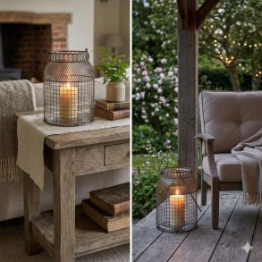 Den rustikke Fil de Fer lanterne i jern med t�ndt bloklys st�r p� et vejrbit oak konsolbord i et hyggeligt indend�rs stue-milj� med antikke b�ger og en lille plante. Den rustikke Fil de Fer lanterne i jern med t�ndt bloklys st�r p� en vejrbit tr�terrasse p� en overd�kket patio i skumringen. En behagelig havestol og en t�ndt lysk�de i baggrunden skaber stemning.