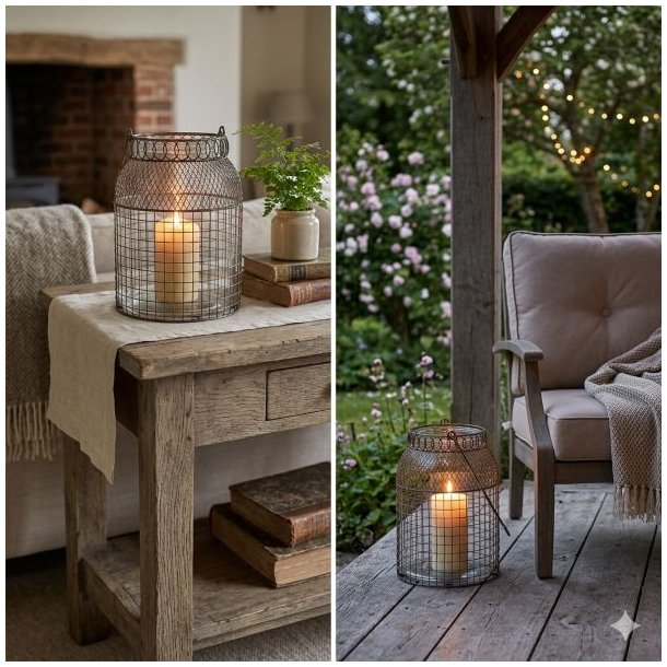Den rustikke Fil de Fer lanterne i jern med t�ndt bloklys st�r p� et vejrbit oak konsolbord i et hyggeligt indend�rs stue-milj� med antikke b�ger og en lille plante. Den rustikke Fil de Fer lanterne i jern med t�ndt bloklys st�r p� en vejrbit tr�terrasse p� en overd�kket patio i skumringen. En behagelig havestol og en t�ndt lysk�de i baggrunden skaber stemning.