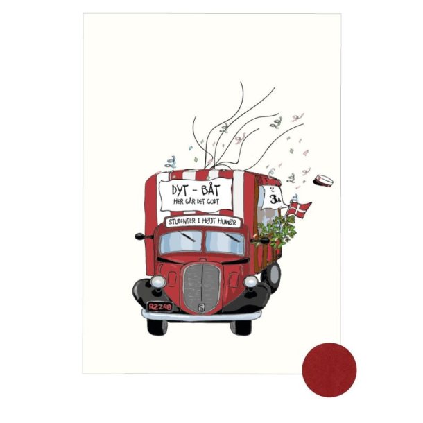 Fritlagt illustration af en r�d studenterbil p� en A3-plakat til fingeraftryk.