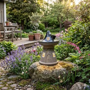 Et stilfuldt For�rs Skovhus i sort og beige keramik placeret p� en natursten i en frodig have. Huset er oplyst indefra med et varmt sk�r i vinduerne og er omgivet af lilla blomster og gr�nne planter med en terrasse i baggrunden. Ideel som dekorativ fyrfadsstage eller til LED-lys.