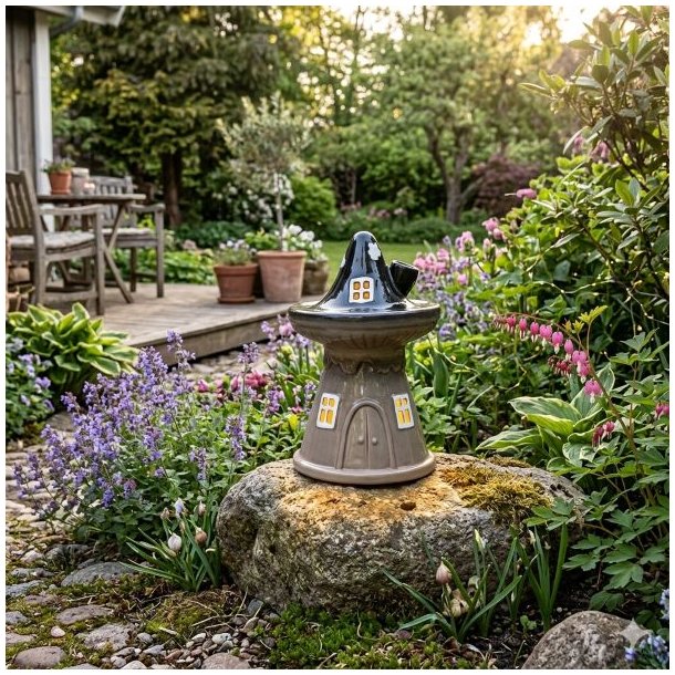 Et stilfuldt For�rs Skovhus i sort og beige keramik placeret p� en natursten i en frodig have. Huset er oplyst indefra med et varmt sk�r i vinduerne og er omgivet af lilla blomster og gr�nne planter med en terrasse i baggrunden. Ideel som dekorativ fyrfadsstage eller til LED-lys.
