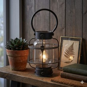 En rustik rund fransk staldlanterne i antik sort metal er t�ndt og st�r p� en massiv tr�reol. Lanternen st�r ved siden af en terracotta-potte med en sukkulent og to gamle b�ger, mod en baggrund af m�rke tr�paneler.